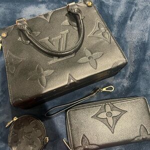 Louis Vuitton Noir Embossed Leather Tote with Wallet and Coin Purse